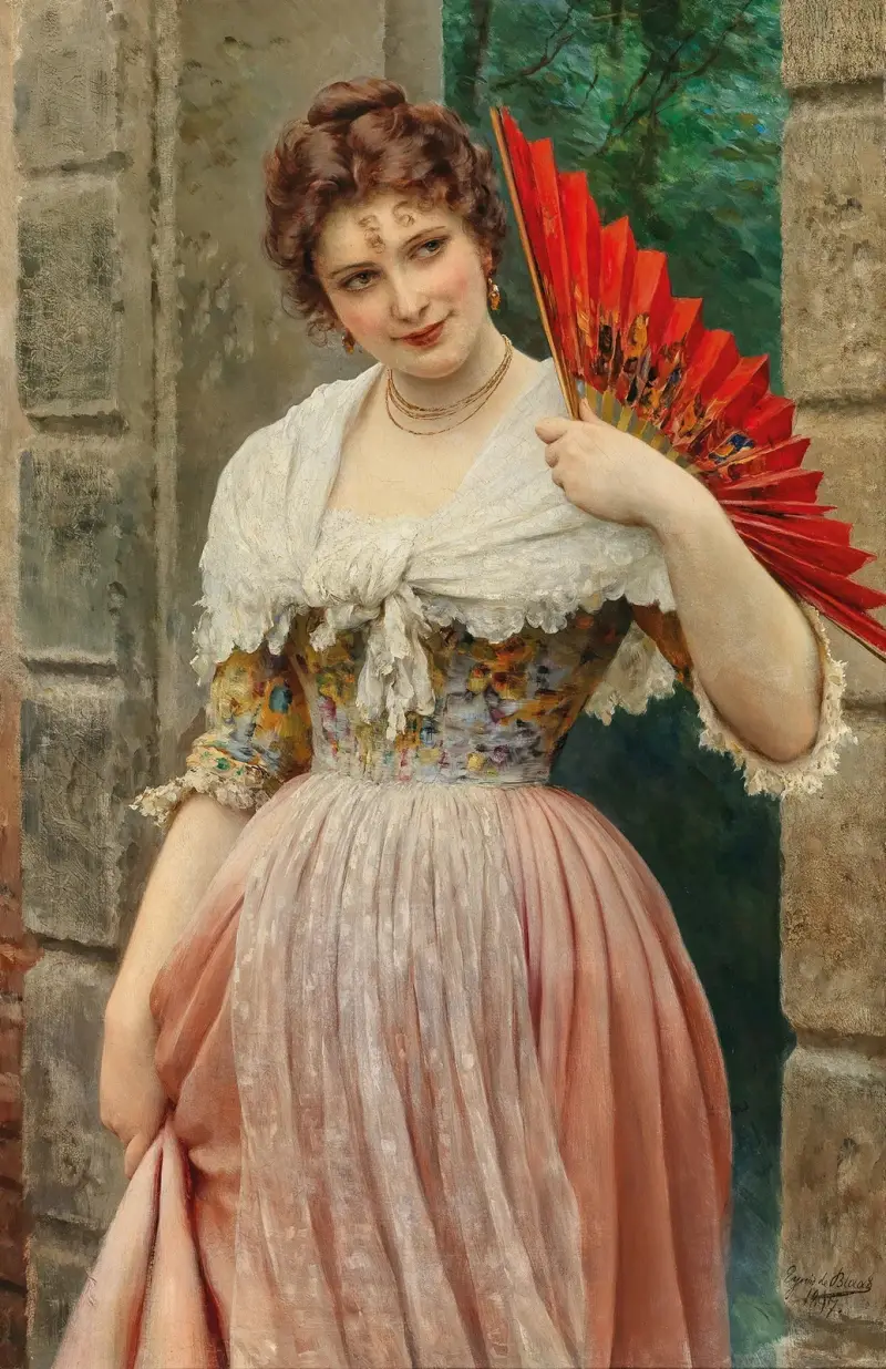 Junge Dame mit rotem Fächer von Eugen von Blaas