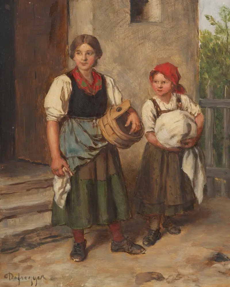 Bäuerin mit Dirndl vor dem Waschhaus av Franz von Defregger