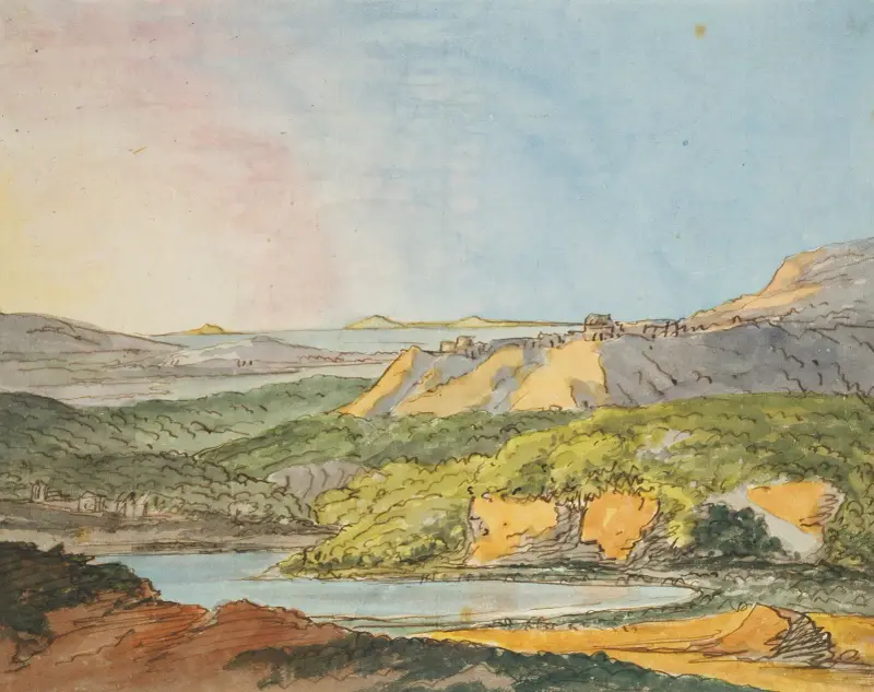 Sydligt landskap vid havet med skogklädda kullar och vatten i förgrunden av Johann Wolfgang Von Goethe