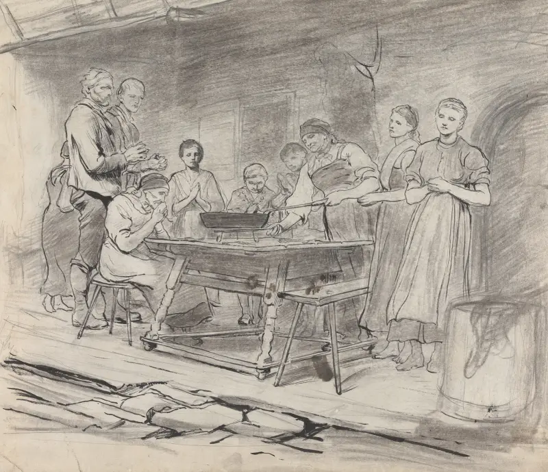 Studie von Frauen und Männern beim Tischgebet, vor einer Mahlzeit von Sir Hubert von Herkomer