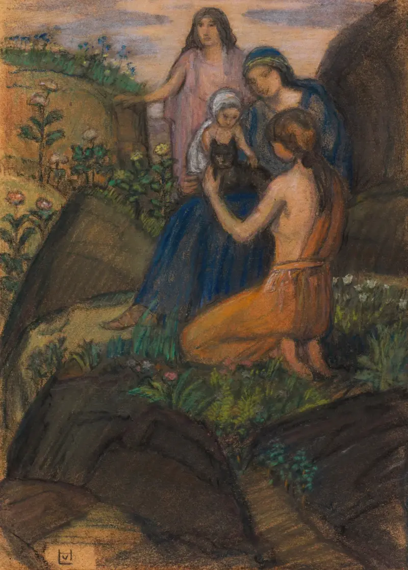 Kvinnor med barn i arkadiskt landskap av Ludwig von Hofmann