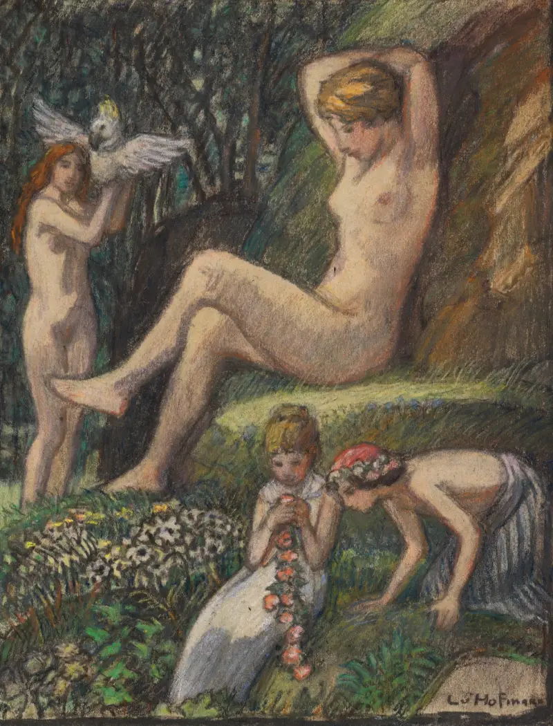 Frühlingsidylle mit Badender und Blumenkindern von Ludwig von Hofmann