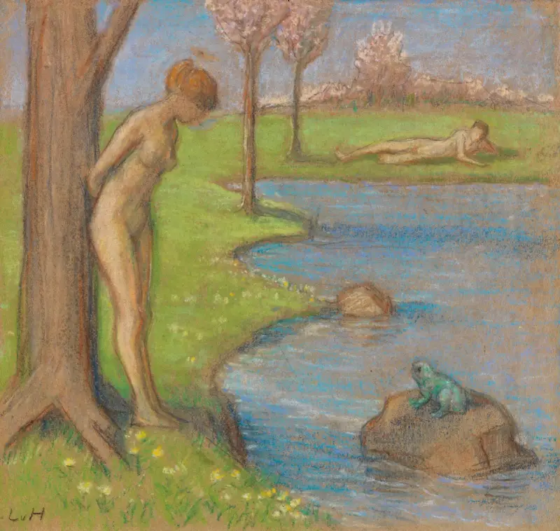 Vårlandskap med par vid groddammen av Ludwig von Hofmann