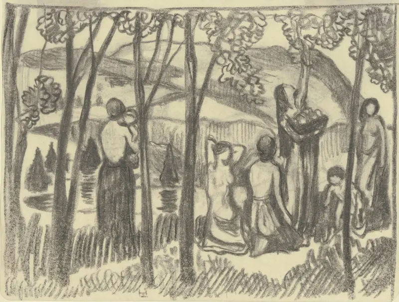 Knäböjande kvinnor och fruktplockerska av Ludwig von Hofmann
