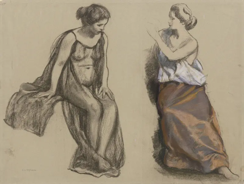 Studieblad; två sittande kvinnor i olika kläder av Ludwig von Hofmann