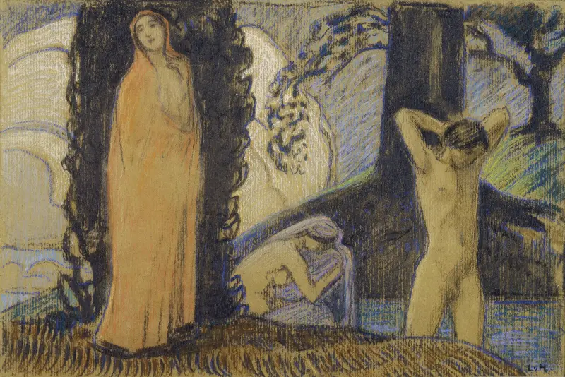 Två kvinnor och en yngling i badet av Ludwig von Hofmann
