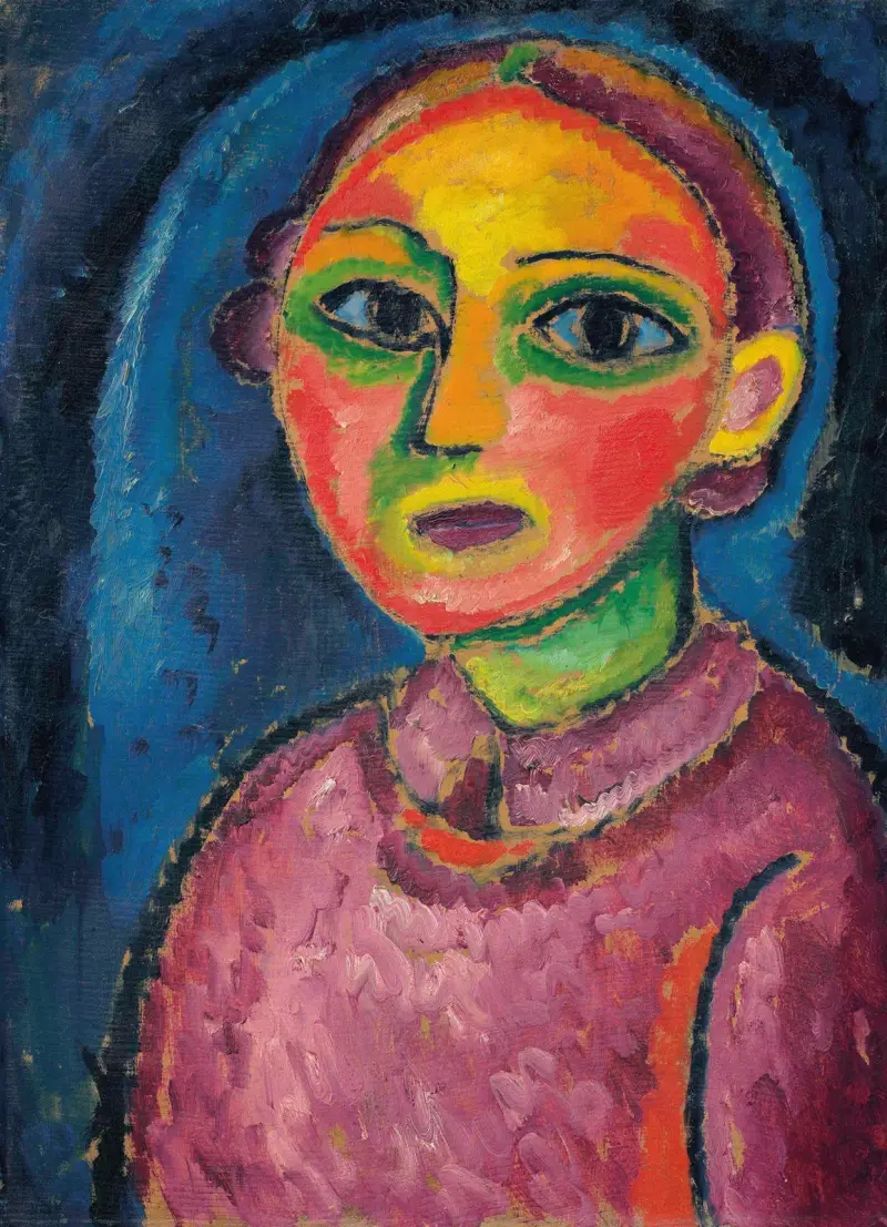 Byst av en kvinna i rödaktigt klädesplagg av Alexej von Jawlensky