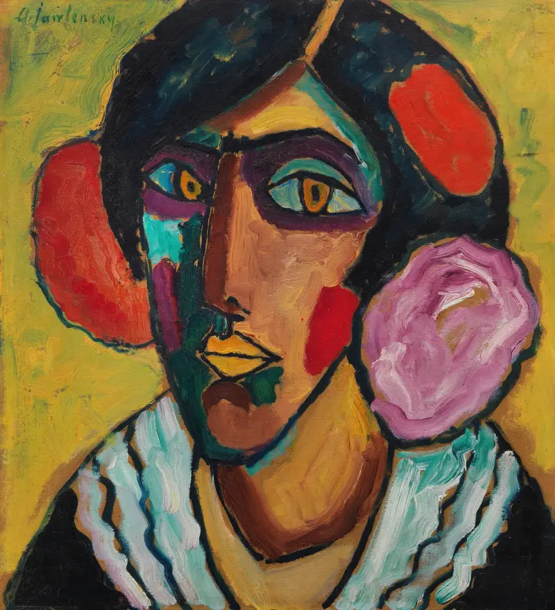 Frauenkopf mit Blumen im Haar von Alexej von Jawlensky