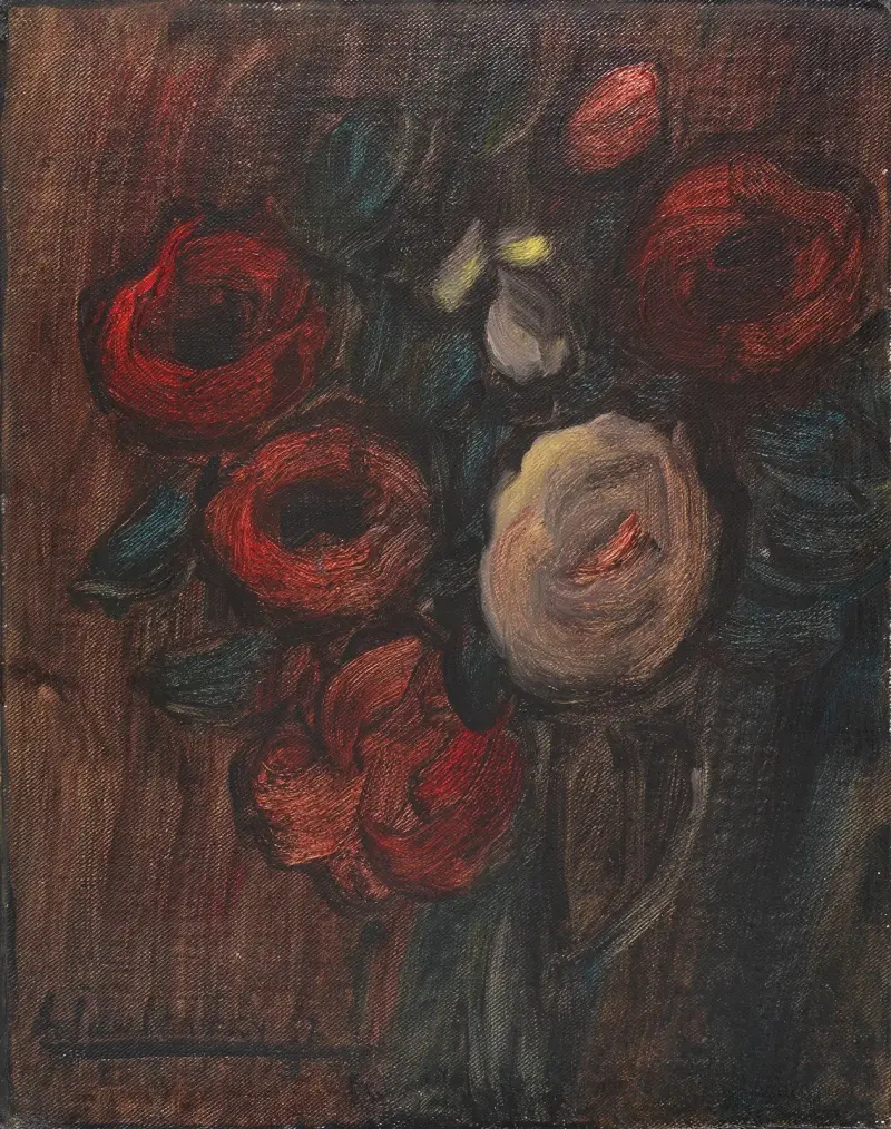 Stort stilleben; Grön kruka med pioner (Mörk rosbukett) av Alexej von Jawlensky