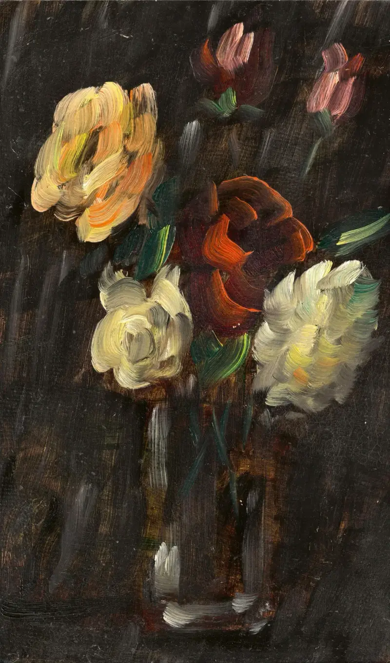 Stort stilleben; Stilleben mot svart bakgrund, ljust glas med rosa och röda rosor av Alexej von Jawlensky