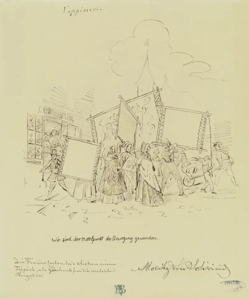 Grupa kobiet z tamborkami do haftowania, Moritz von Schwind