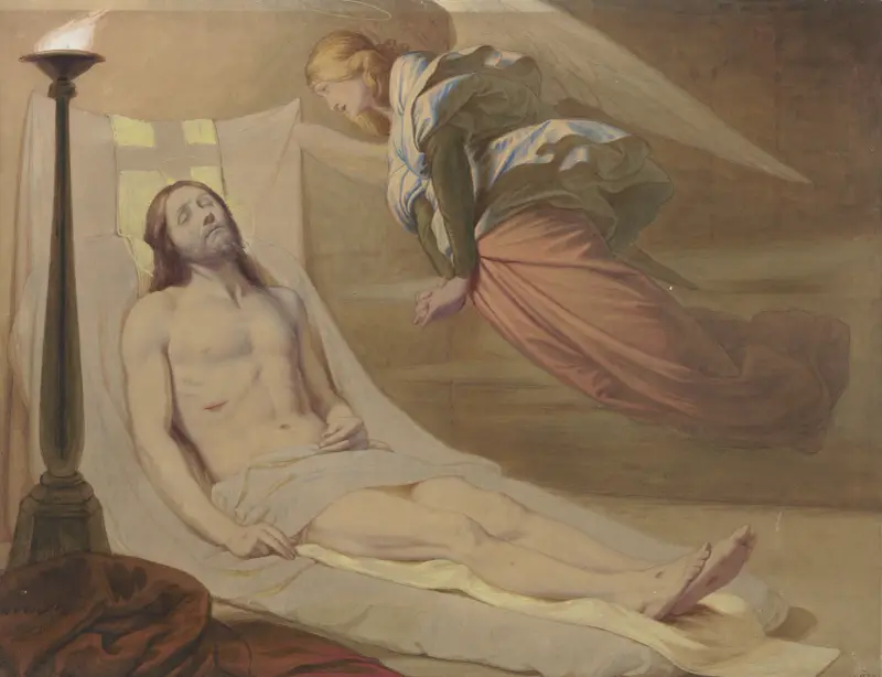 Christ in the grave, a mourning angel hovering over him av Eduard von Steinle