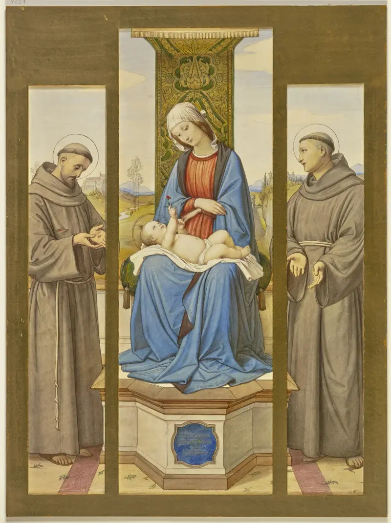 Madonna på tronen, bredvid helgonen Franciskus och Antonius, som triptyk av Eduard von Steinle