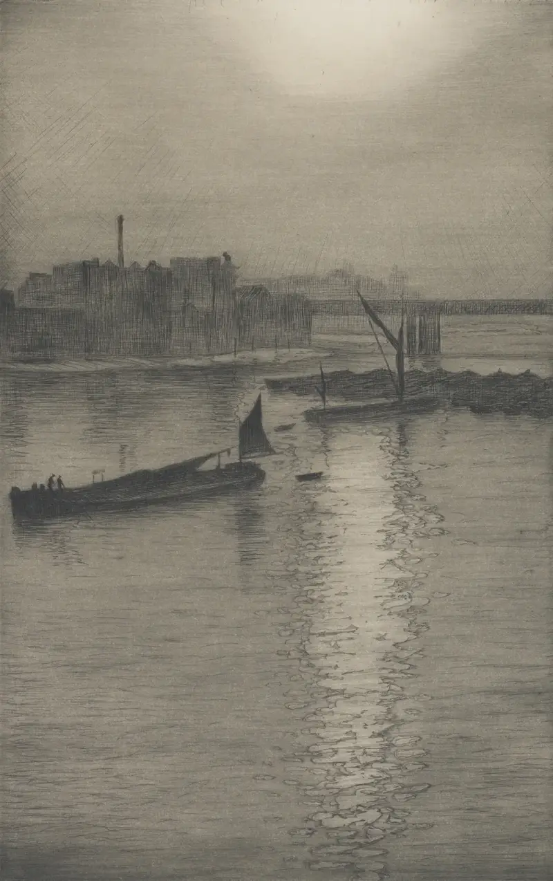 Från Waterloo Bridge; sol som bryter genom dimman av Christopher R. W. Nevinson
