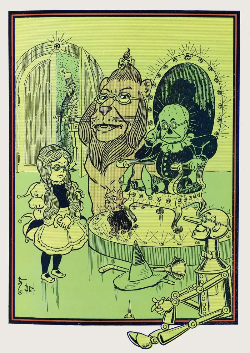 The Scarecrow sat on the big throne av William Wallace Denslow
