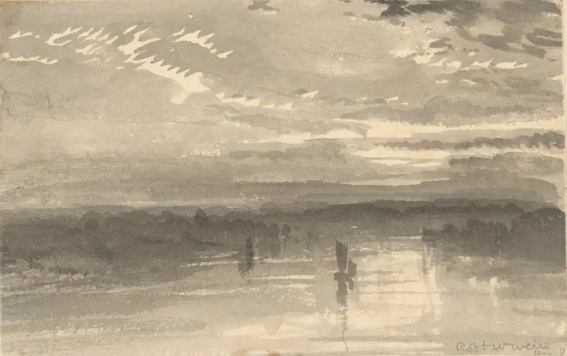 Krajobraz – chmury, woda, żaglówka, Robert Walter Weir