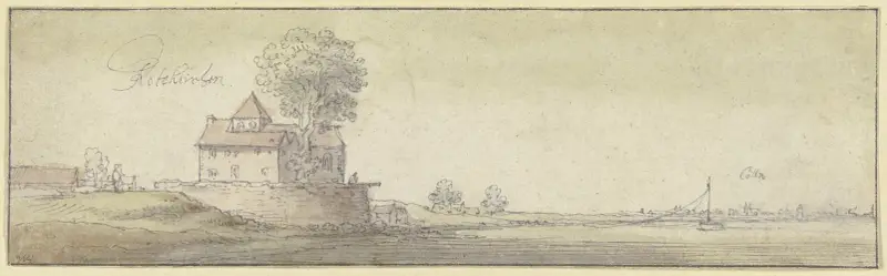 Ett litet kapell under ett träd vid Rodenkirchen vid Rhen, i fjärran Kölns stadssilhuett av Wenceslaus Hollar