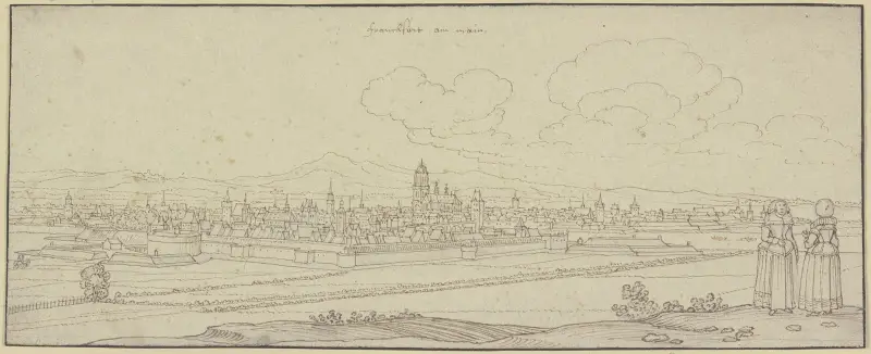 Frankfurt am Main widziany od południa, po prawej na pierwszym planie dwie damy, Wenceslaus Hollar