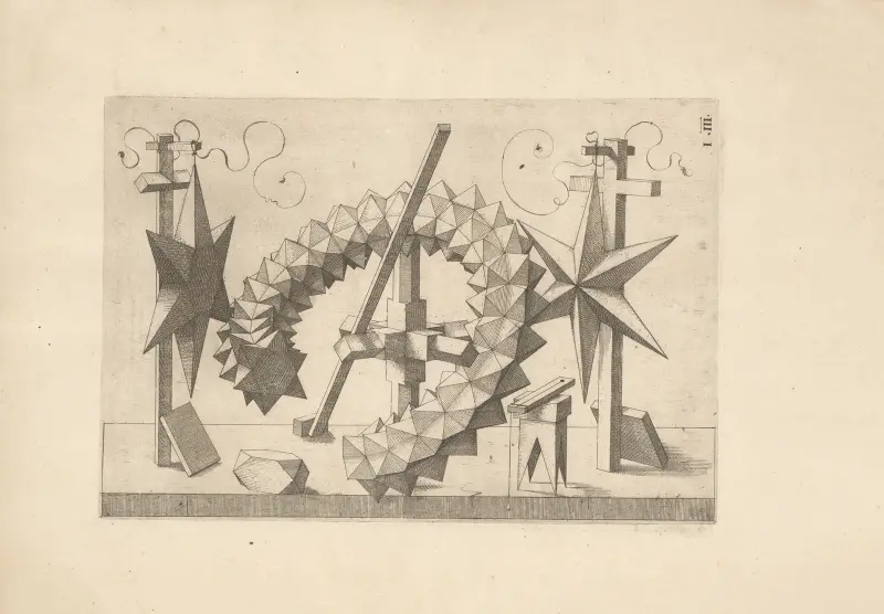 Perspectiva Corporum Regularium (Perspektive regelmäßiger Körper), Taf. 43 von Wenzel Jamnitzer