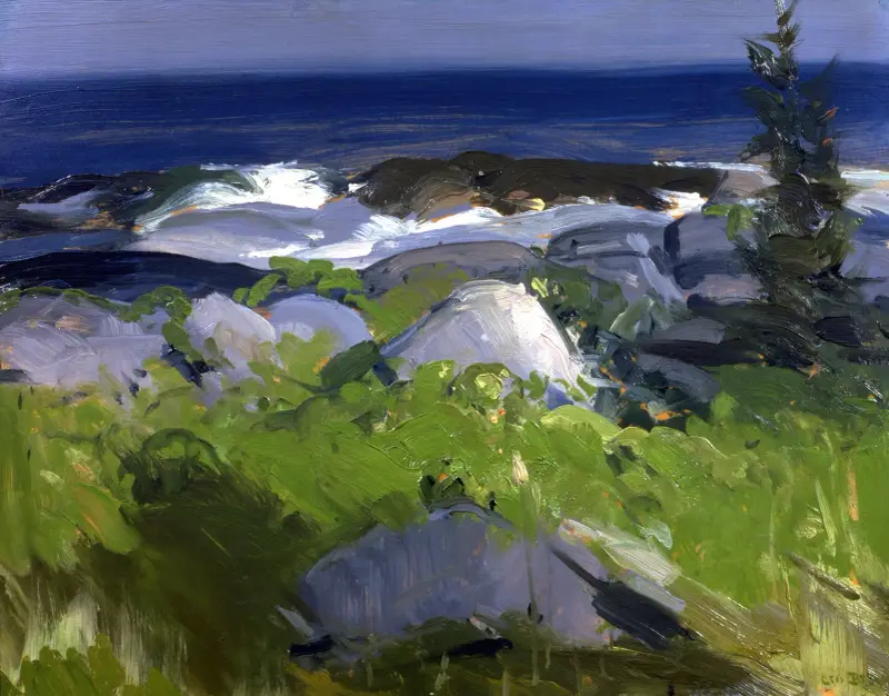 Vinrankbeklädd strand – Monhegan Island av George Wesley Bellows