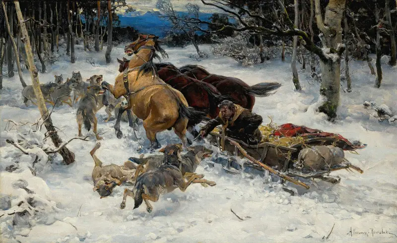 Napad wilków na sanie, Alfred von Wierusz-Kowalski