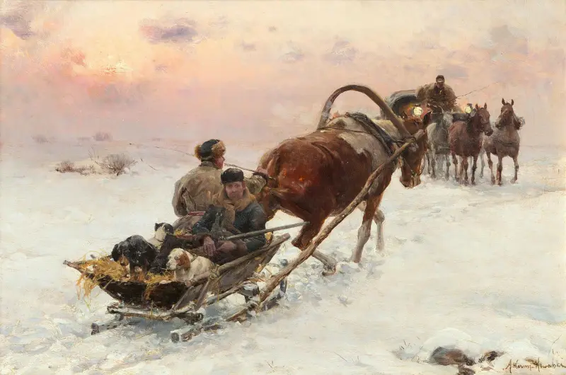 Kvällsslädtur med hundar av Alfred von Wierusz-Kowalski