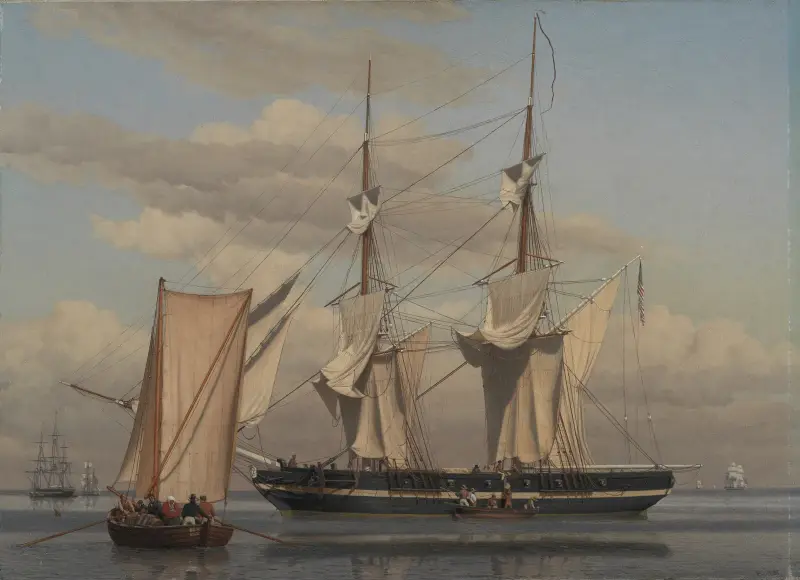En amerikansk marinbrigg till ankars medan seglen torkar av Christoffer Wilhelm Eckersberg