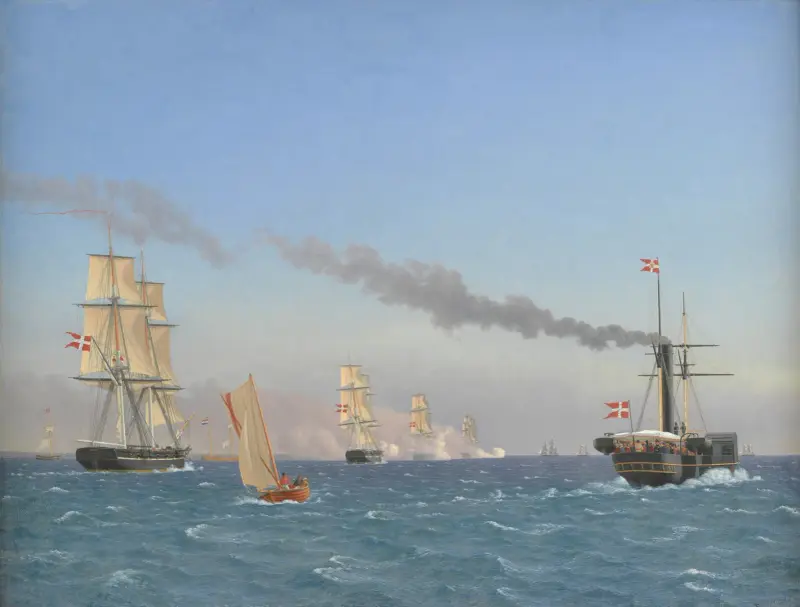 Kristian VIII ombord på sitt ångfartyg Ægir iakttar en eskaders manövrer nära Köpenhamn av Christoffer Wilhelm Eckersberg