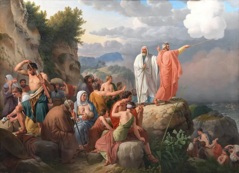 Moses lader Det Røde Hav vende tilbage og Faraos hær oversvømmes av Christoffer Wilhelm Eckersberg