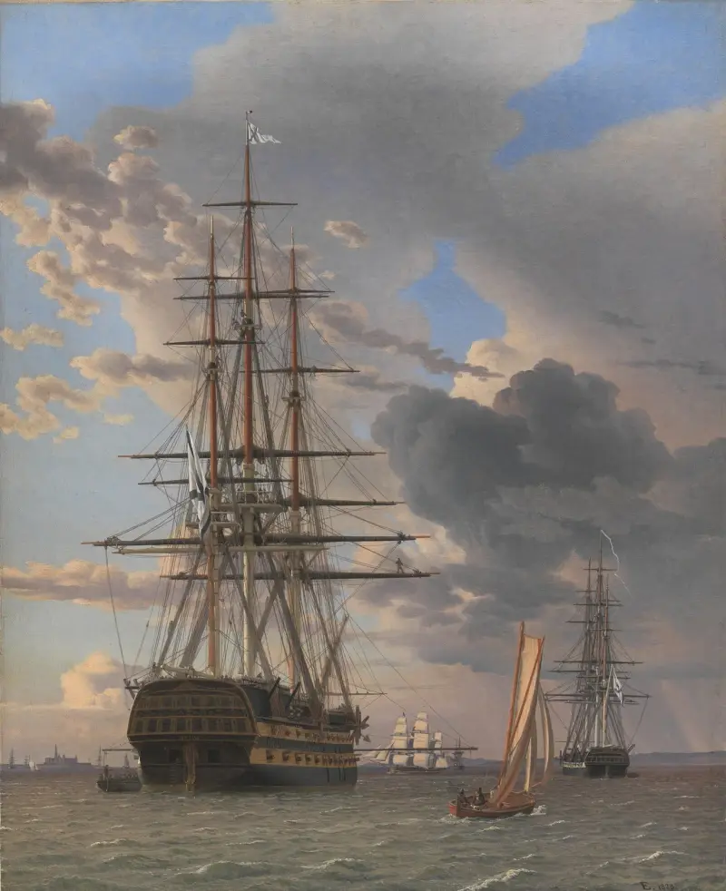 Det ryska linjeskeppet Asow och en fregatt till ankars vid Helsingör av Christoffer Wilhelm Eckersberg