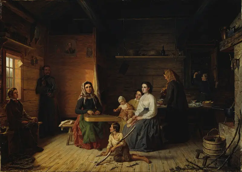 Kreeta Haapasalo spelar kantele i en bondstuga av Robert Wilhelm Ekman