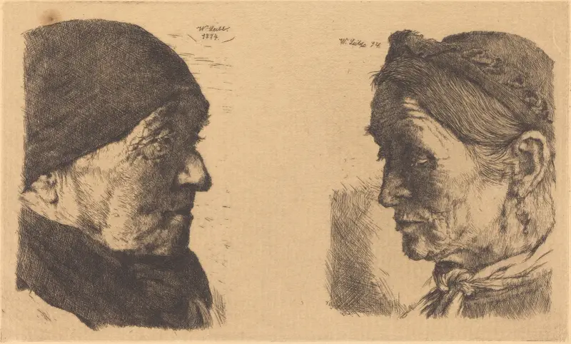 Porträtt av gammal bondkvinna i profil mot höger och bondkvinna med slutna ögon av Wilhelm Leibl