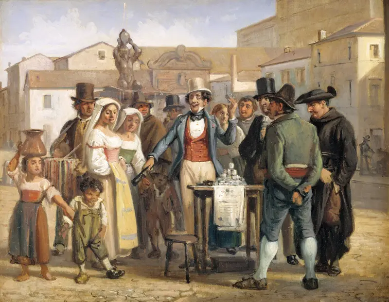 En charlatan säljer skokräm på Piazza Barberini i Rom av Wilhelm Marstrand