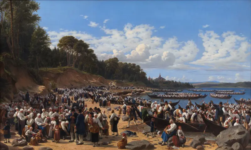 Kyrkobesökare anländer med båt till Leksands sockenkyrka vid Siljans strand, Sverige av Wilhelm Marstrand