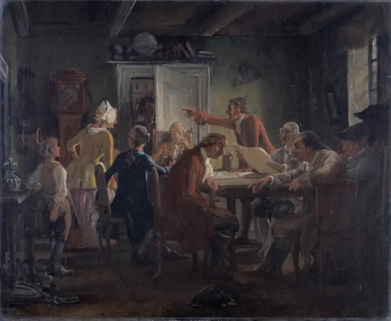 Collegium Politicum. Ur Ludvig Holbergs Den politiske kanngjutaren, akt I, scen 2. av Wilhelm Marstrand