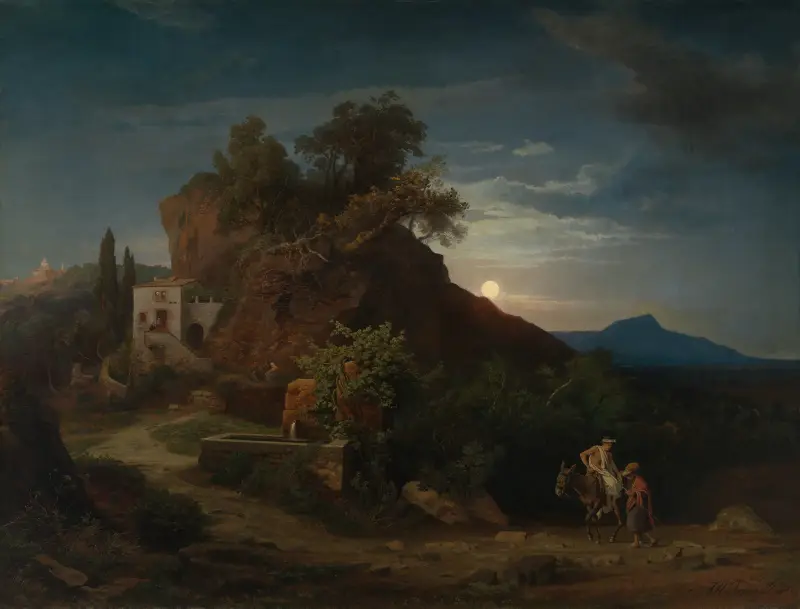 Natt, den barmhärtige samarierns ankomst med den skadade till härbärget av Johann Wilhelm Schirmer