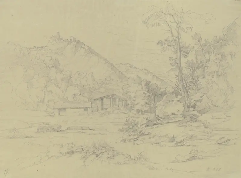 Bergsparti med ruiner på bergen, framtill vatten med några hyddor av Johann Wilhelm Schirmer