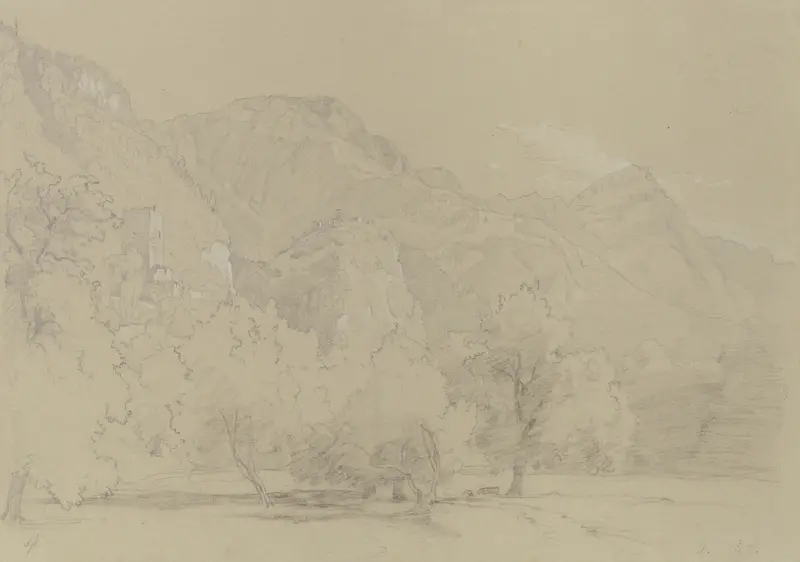 Bergskedja med slottsruin och bebyggelse av Johann Wilhelm Schirmer