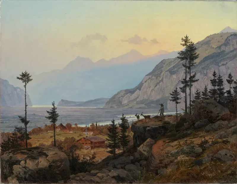 Schweiziskt alplandskap med flod och sjö av Johann Wilhelm Schirmer