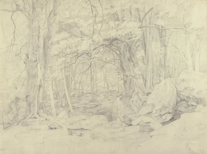 Skogsinteriör, nedtill höger två karikerade manliga profilhuvuden av Johann Wilhelm Schirmer