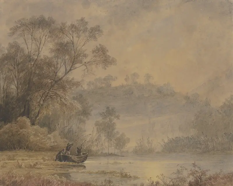 Leśne jezioro, z którego brzegu odpływa łódź z trzema mężczyznami, Johann Wilhelm Schirmer