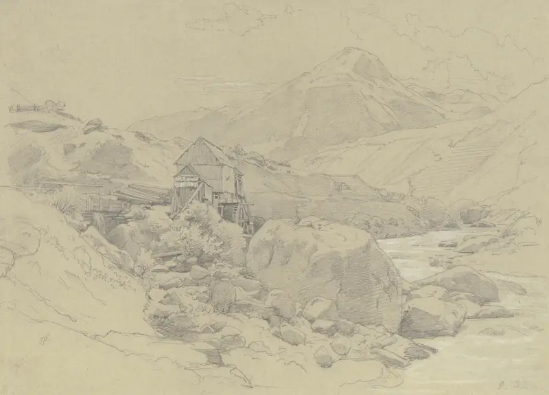 Vattenkvarn i ett bergslandskap av Johann Wilhelm Schirmer