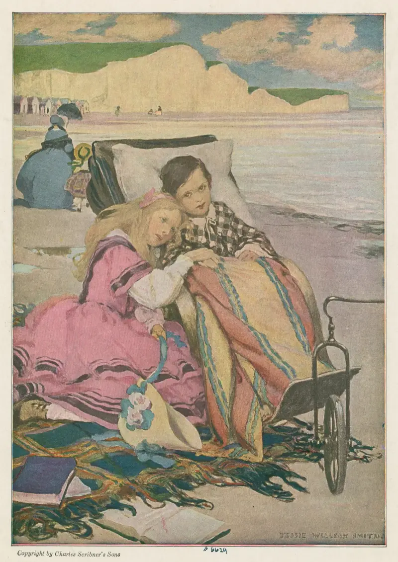 Paul Dombey och Florence på stranden i Brighton av Jessie Willcox Smith