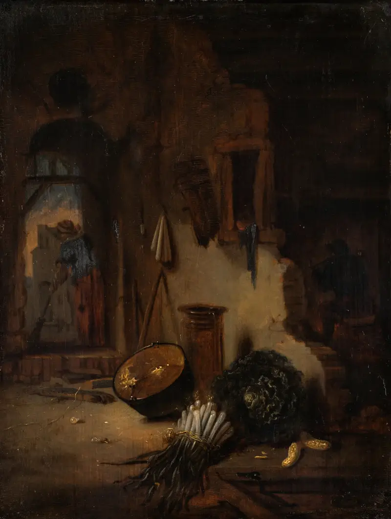 Köksinteriör med kvinna som sopar av Willem Kalf