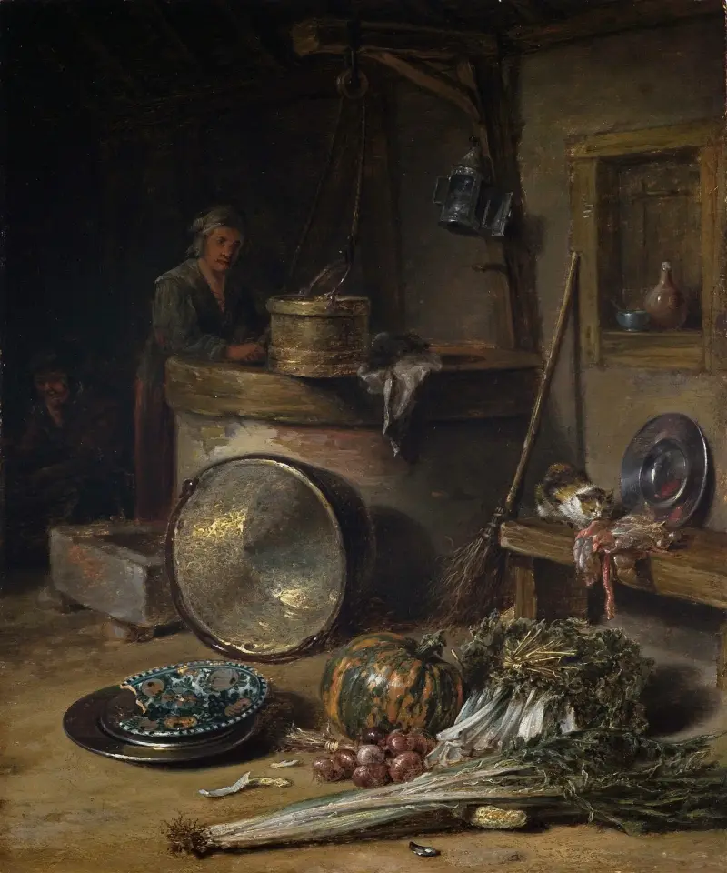 Bondinteriör med kvinna vid en brunn av Willem Kalf