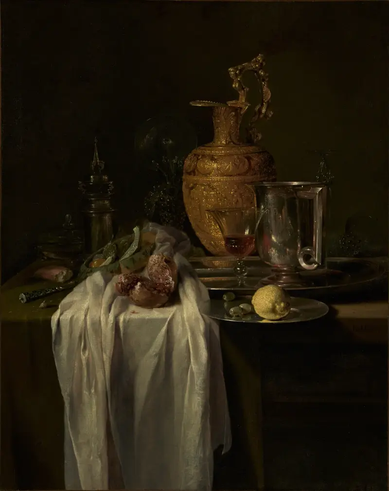 Stilleben med kanna, kärl och granatäpple av Willem Kalf