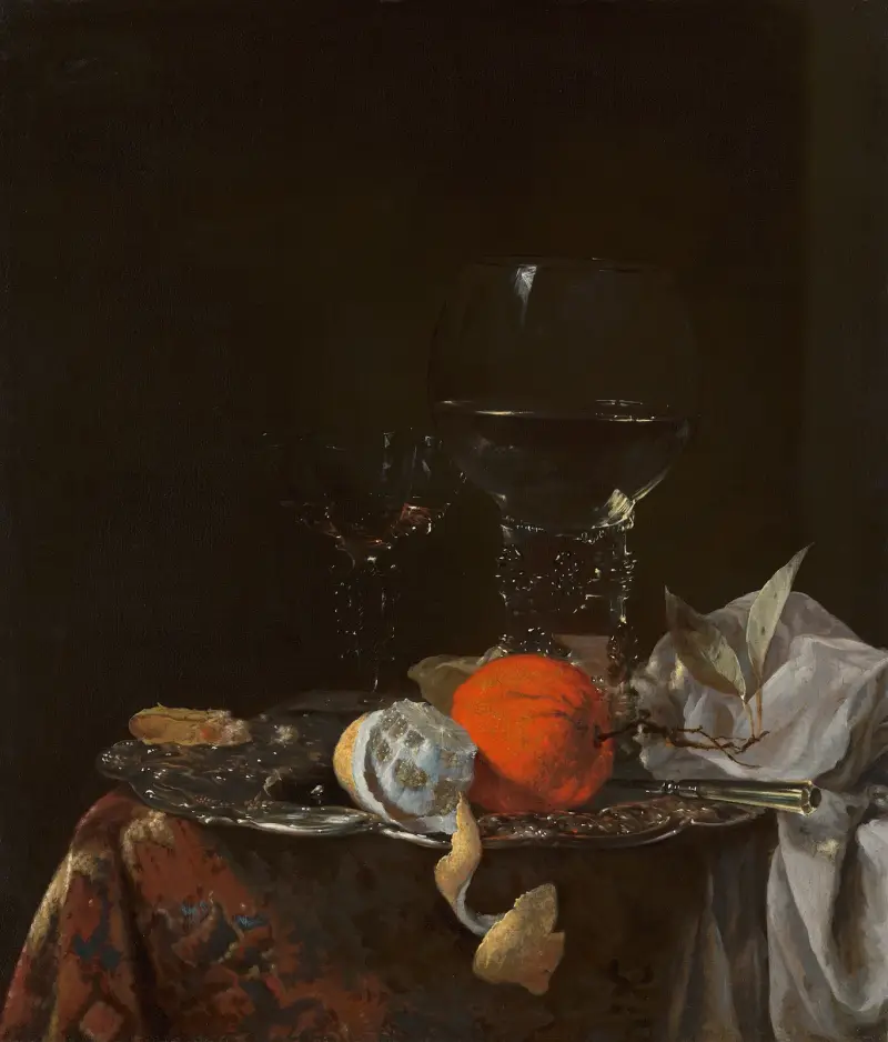 Stillleben mit Früchten und Weingläsern auf einer Silberplatte von Willem Kalf