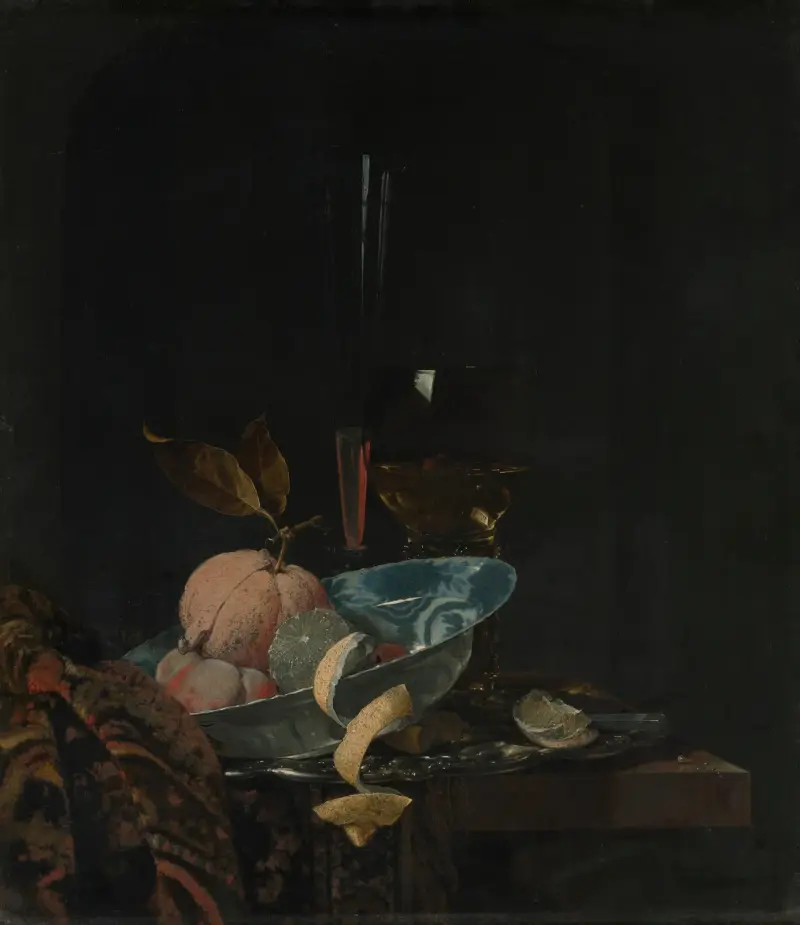 Stilleben med frukt, glas och en Wanli-skål av Willem Kalf