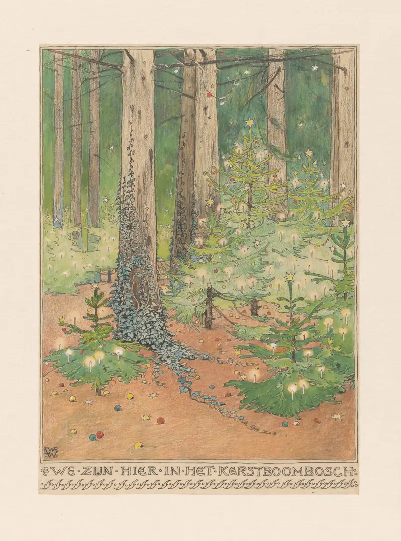 Skog med dekorerade och upplysta julgranar av Willem Wenckebach