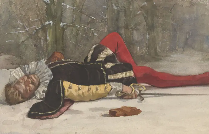 Teaterscen med träffad duellant i en allé av Willem Witsen